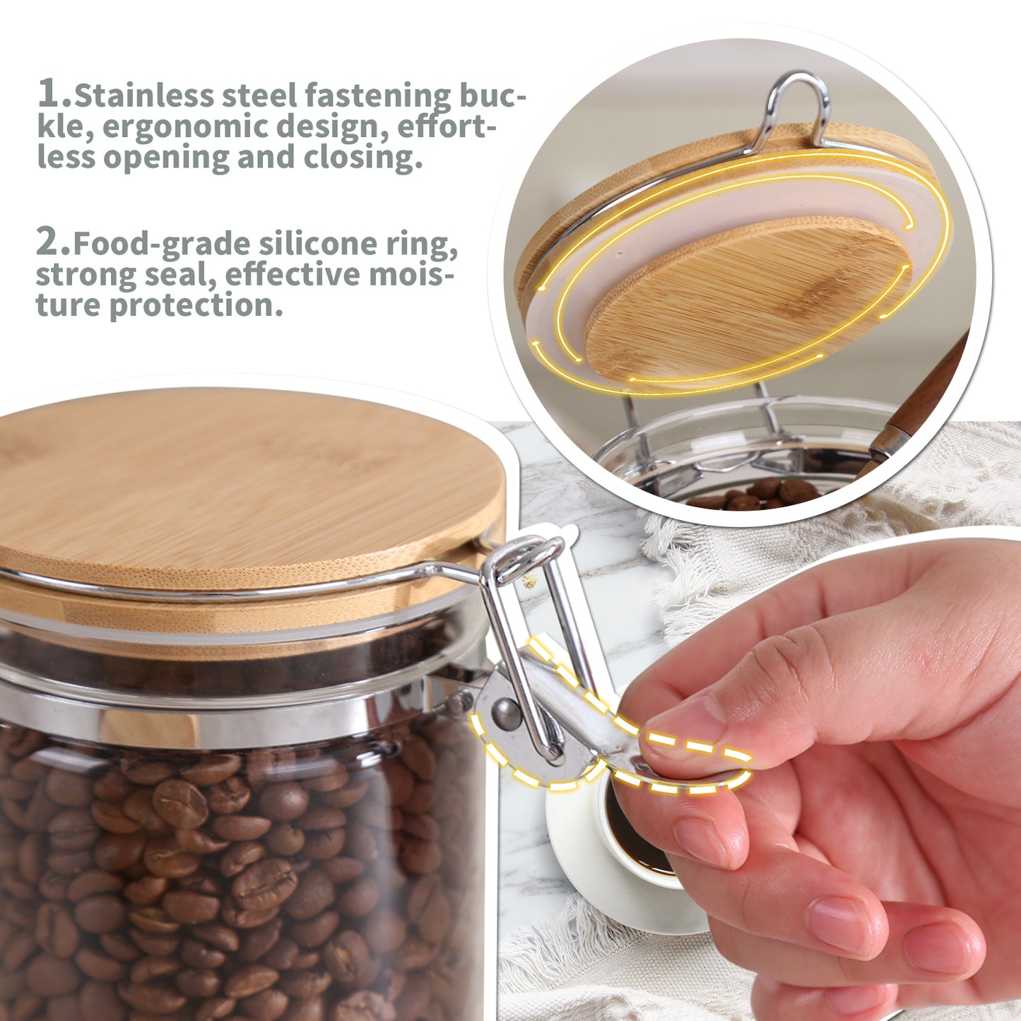 KKC Sealed Coffee Bean Storage Container with Scoop, Non-Slip Glass Food Storage Container With Locking Clamp Lid for Coffee Beans, 54 Fluid-oz,Gray