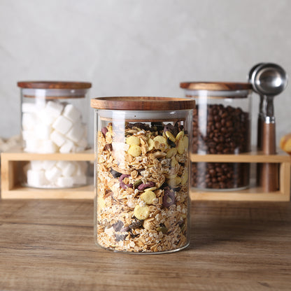 KKC HOME ACCENTS Sealed Glass Food Storage Jars with Scoop for Kitchen Counter,Glass Tea Canisters for Loose Tea,Ground Coffee,Bean,Sugar,Nut,Wooden Top Glass Containers with Spoons,25 Fluid-oz