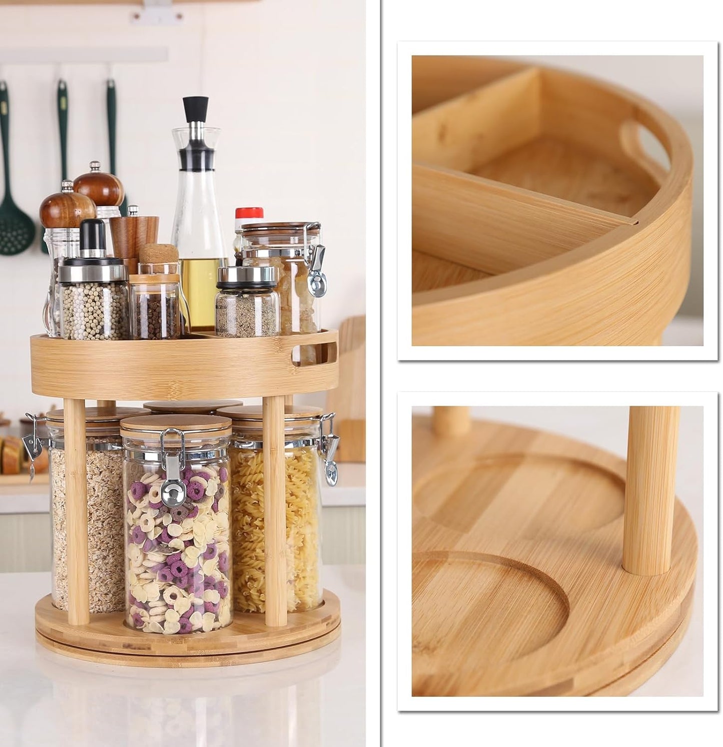 KKC HOME ACCENTS Bamboo Two Tier Lazy Susan Organizer with Sealed Glass Jars for Kitchen Countertop, Turntable Lazy Susan with Airtight Kitchen Canisters set of 4 for Table or Cabinet