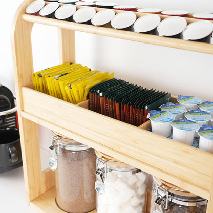 KKC HOME ACCENTS Coffee & Tea Bar Organizer Set with 3 Airtight Jars, Bamboo Countertop Storage Organizer for Coffee Beans,Pods,Ground,Sugar,Creamer - Style D