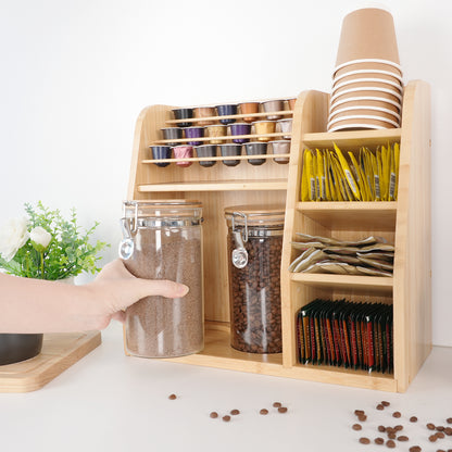 KKC HOME ACCENTS Bamboo Coffee & Tea Station Organizer for Countertop,Coffee Bar Organizer with 2 Airtight Glass Canisters for Loose Tea,Tea Bag - Style B