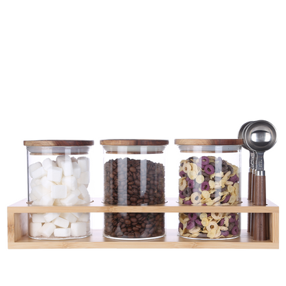 KKC HOME ACCENTS Sealed Glass Food Storage Jars with Scoop for Kitchen Counter,Glass Tea Canisters for Loose Tea,Ground Coffee,Bean,Sugar,Nut,Wooden Top Glass Containers with Spoons,25 Fluid-oz