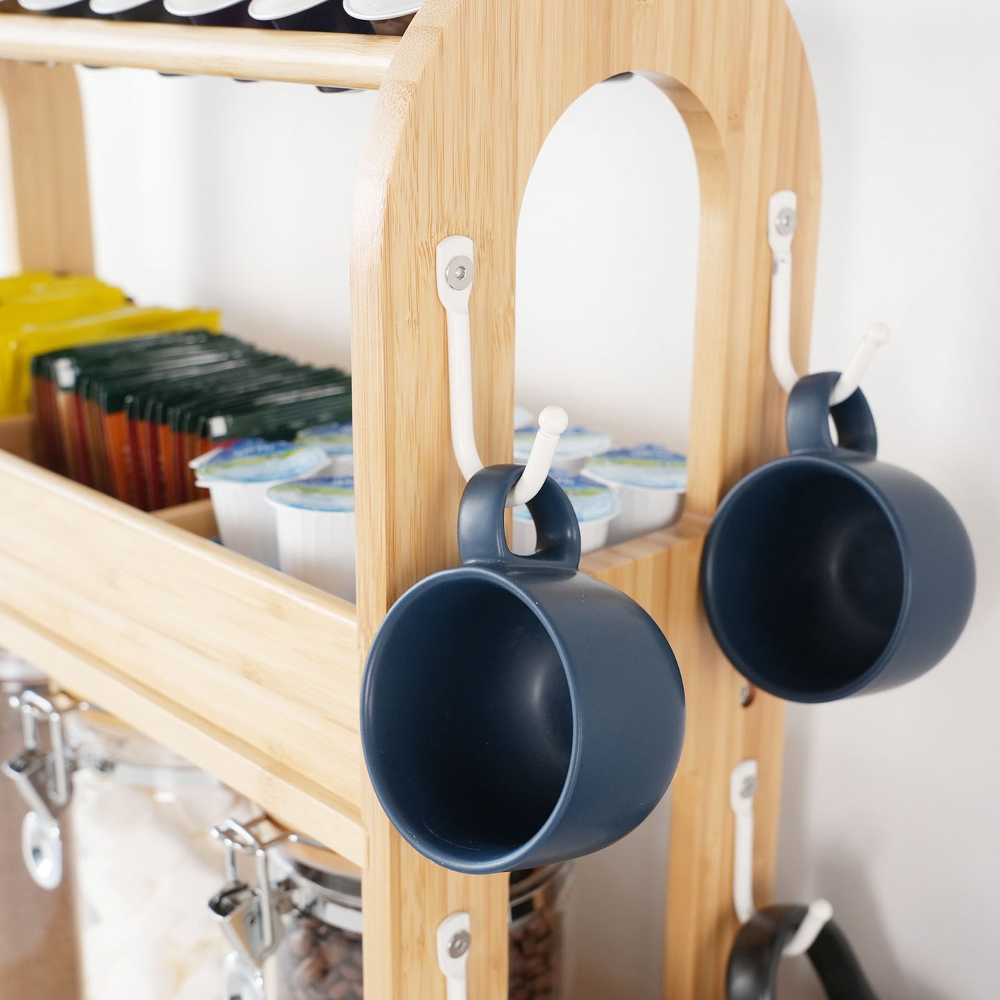 KKC HOME ACCENTS Coffee & Tea Bar Organizer Set with 3 Airtight Jars, Bamboo Countertop Storage Organizer for Coffee Beans,Pods,Ground,Sugar,Creamer - Style D