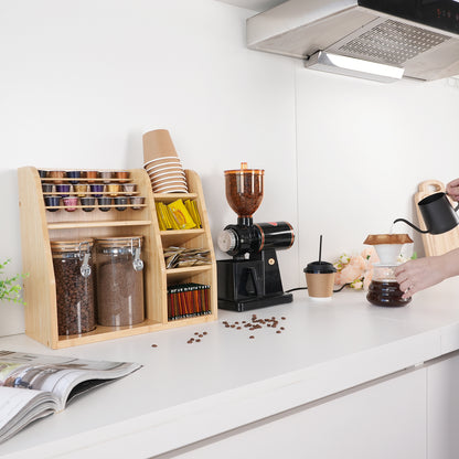 KKC HOME ACCENTS Bamboo Coffee & Tea Station Organizer for Countertop,Coffee Bar Organizer with 2 Airtight Glass Canisters for Loose Tea,Tea Bag - Style B