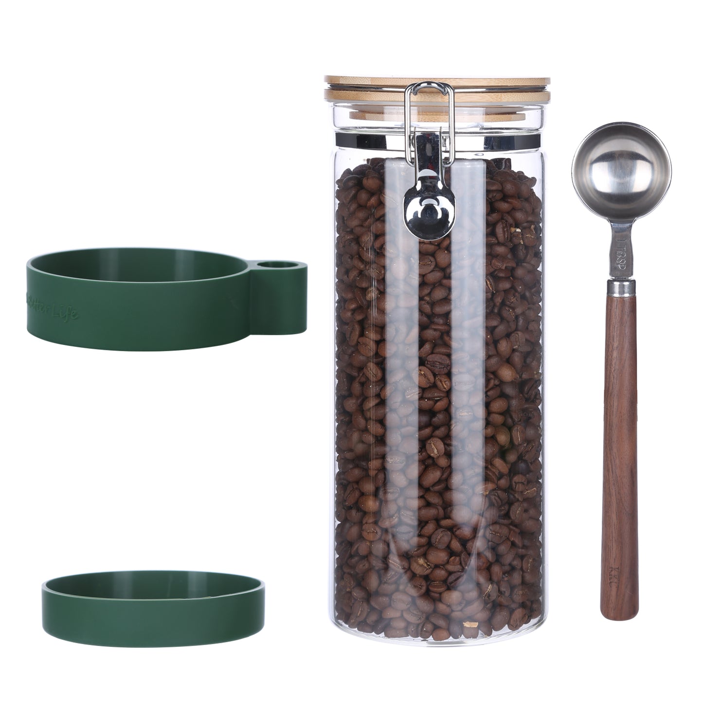 KKC  Glass Coffee Bean Storage Container with Scoop,Sealed Glass Storage Jar with Airtight Locking Lid,Airtight Nut Container,Sealed Container for Coffee Ground,Nut,Cereal,Pasta,50 fluid-oz