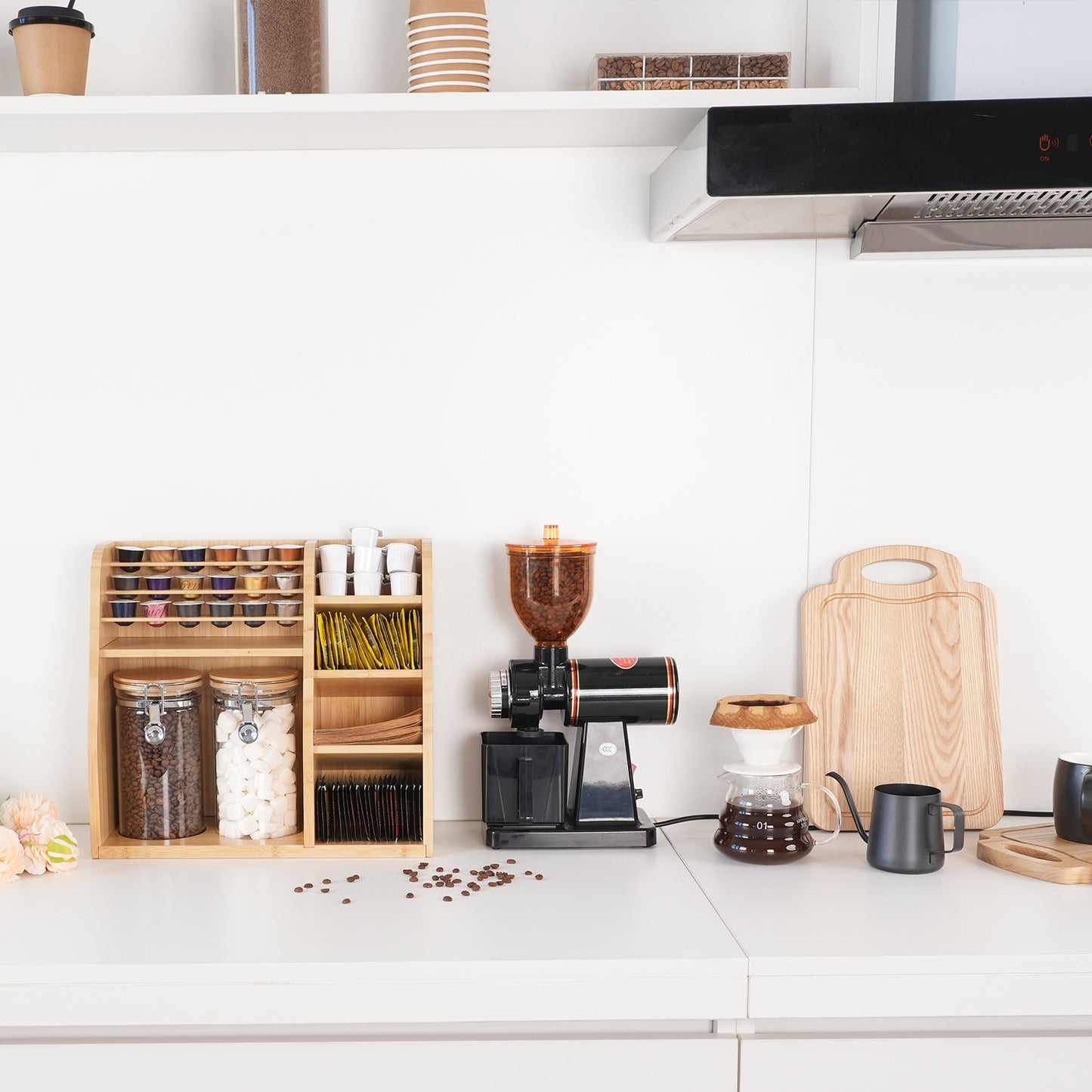 KKC HOME ACCENTS Bamboo Coffee & Tea Station Organizer for Countertop,Coffee Bar Organizer with 2 Airtight Glass Canisters for Loose Tea,Tea Bag - Style B