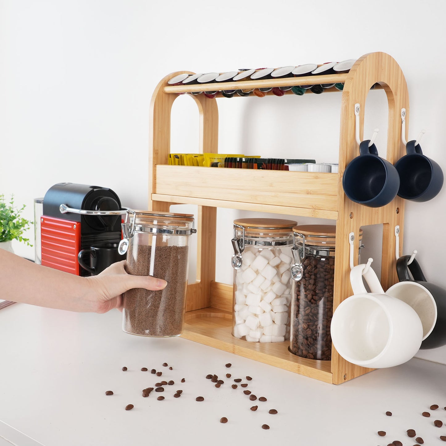 KKC HOME ACCENTS Coffee & Tea Bar Organizer Set with 3 Airtight Jars, Bamboo Countertop Storage Organizer for Coffee Beans,Pods,Ground,Sugar,Creamer - Style D