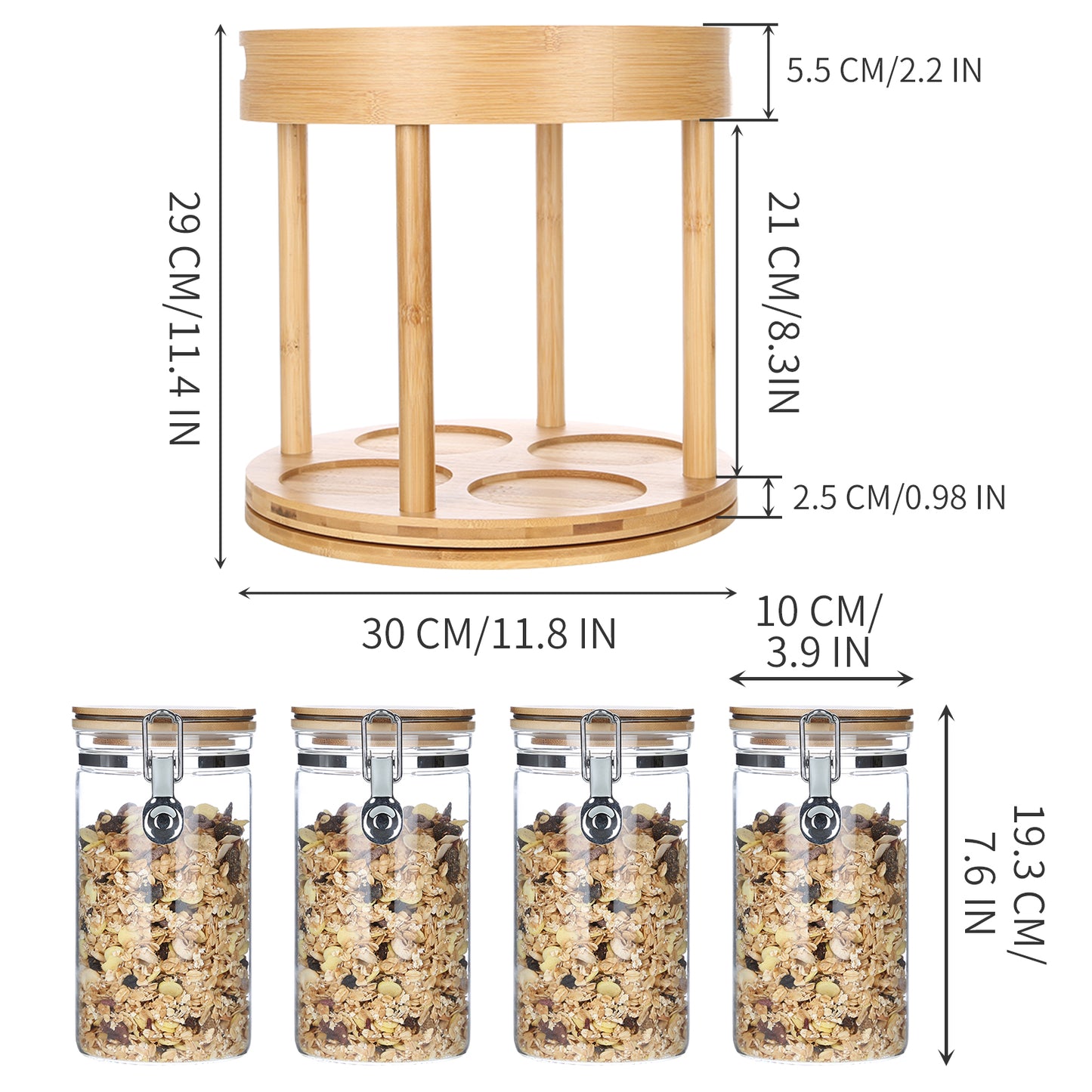 KKC HOME ACCENTS Bamboo Two Tier Lazy Susan Organizer with Sealed Glass Jars for Kitchen Countertop, Turntable Lazy Susan with Airtight Kitchen Canisters set of 4 for Table or Cabinet