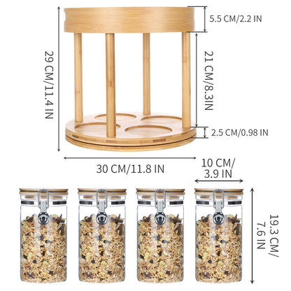 KKC HOME ACCENTS Bamboo Two Tier Lazy Susan Organizer with Sealed Glass Jars for Kitchen Countertop, Turntable Lazy Susan with Airtight Kitchen Canisters set of 4 for Table or Cabinet