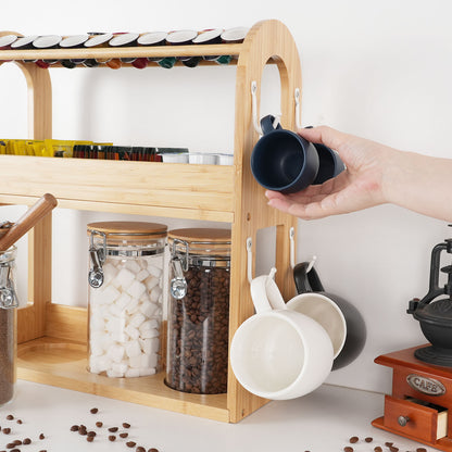 KKC HOME ACCENTS Coffee & Tea Bar Organizer Set with 3 Airtight Jars, Bamboo Countertop Storage Organizer for Coffee Beans,Pods,Ground,Sugar,Creamer - Style D