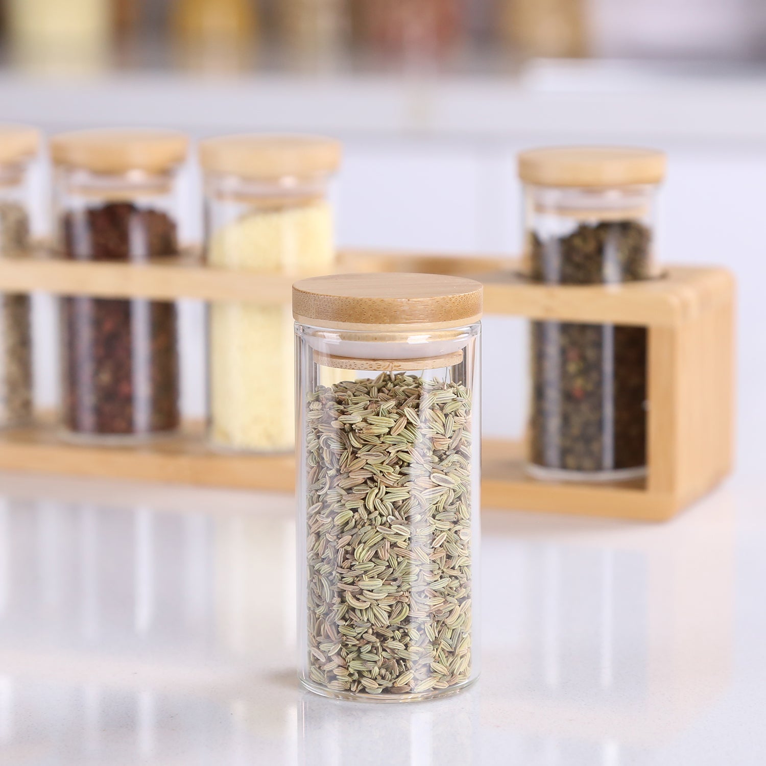 KKC 6 Piece- Eco-friendly Bamboo Lid Glass Spice Jar Set， Bamboo
