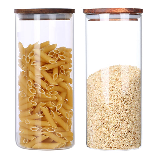 KKC Clear Glass Canister Jar Container Set for Food Storage with Airtight Wood Lid, 39Floz （Only for Canda adress）2 Piece Set