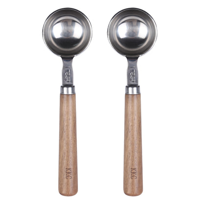 KKC, 2 Pcs Stainless Steel Coffee Spoons With Wood Handle 15ML Measuring Coffee Spoon For Coffee Beans Tea Suger, Silver (6.7")