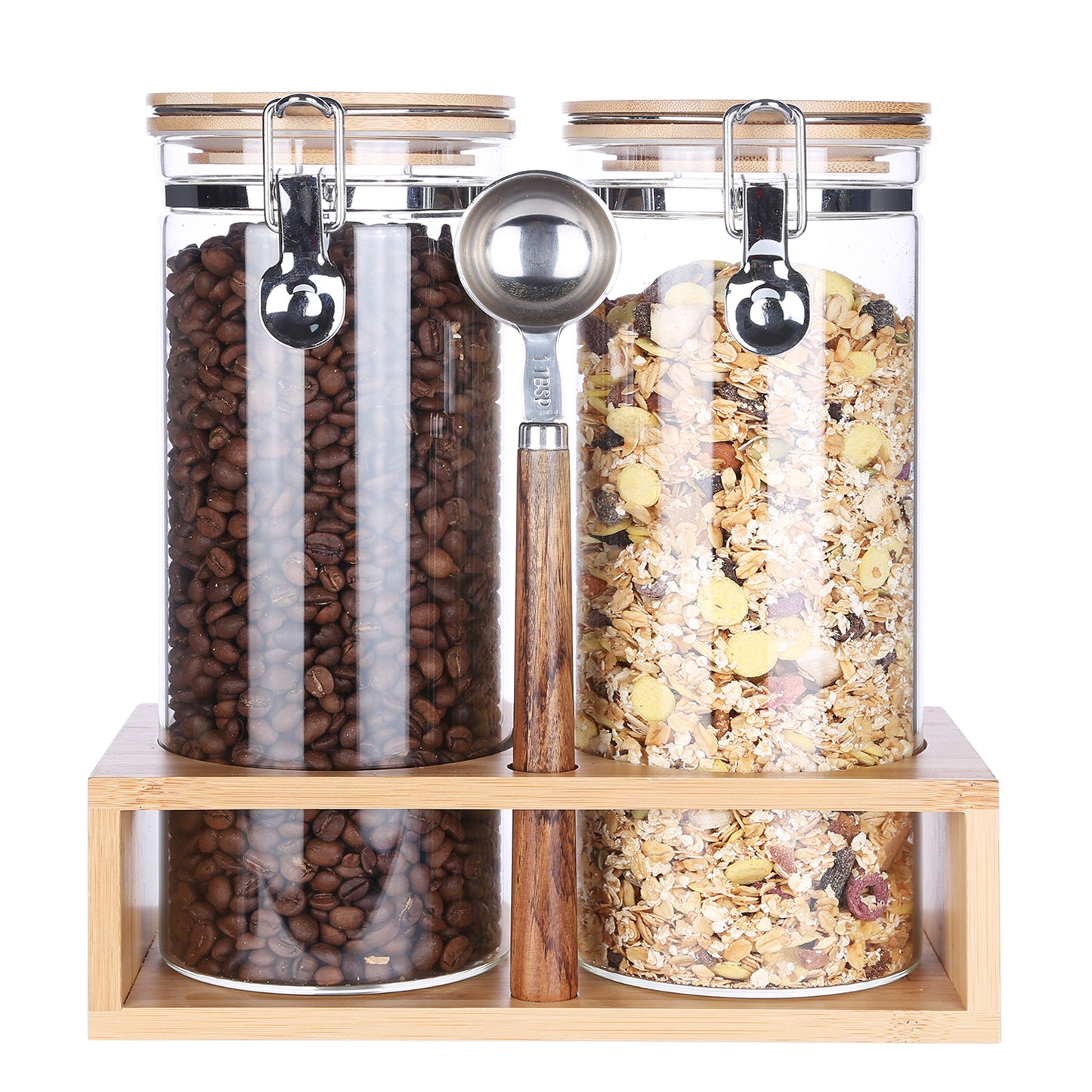 KKC Tall Glass Jar with Airtight Hinged Lid,Sealed Glass Containers with Scoop for Coffee Bean,Ground Coffee,Brown Sugar,Nuts,Oatmeal,Pasta,Cereal,Coffee Canister with Spoon for Coffee Bar,54 Fluid-oz