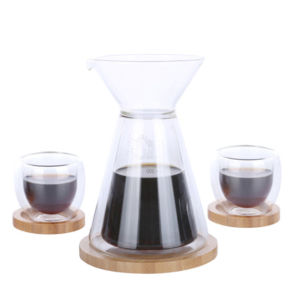 KKC HOME ACCENTS Glass Pour Over Coffee Maker with 2 Piece of Glass Espresso Latte cups and Bamboo Trays,12 Ounce ,Glass Drip Coffee Pot,