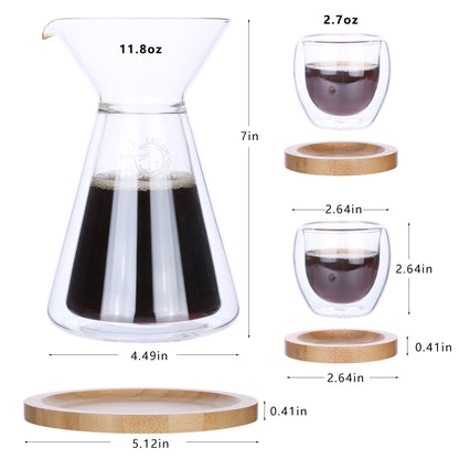 KKC HOME ACCENTS Glass Pour Over Coffee Maker with 2 Piece of Glass Espresso Latte cups and Bamboo Trays,12 Ounce ,Glass Drip Coffee Pot,