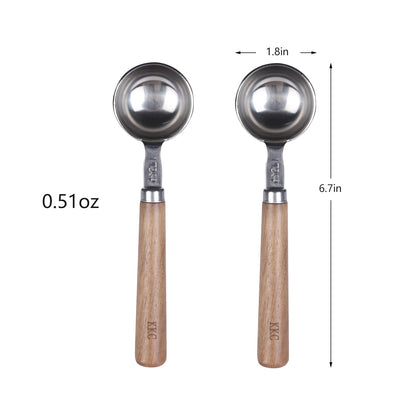 KKC, 2 Pcs Stainless Steel Coffee Spoons With Wood Handle 15ML Measuring Coffee Spoon For Coffee Beans Tea Suger, Silver (6.7")