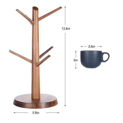 KKC Wooden Mug Holder Tree with 6 Black Ceramic Coffee Mugs,Coffee Cup Holder Tree with 6 Coffee Cups