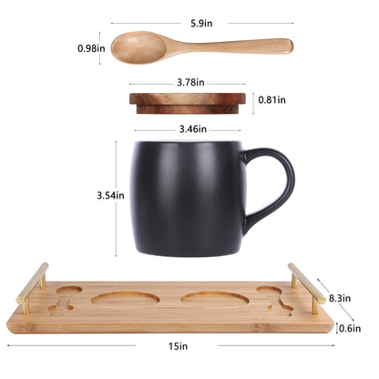 KKC HOME ACCENTS Ceramic Coffee Mug set of 2 with Wooden Spoons and Bamboo Tray ,Ceramic Coffee Cups set of 2 ,Black & White ,13 Ounce, Ceramic Cups with Tray for Coffee,Tea