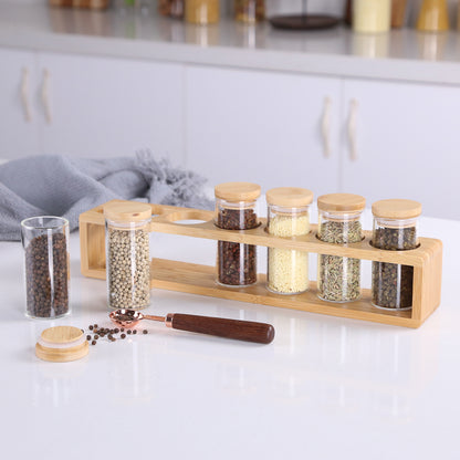 KKC 6 Piece- Eco-friendly Bamboo Lid Glass Spice Jar Set， Bamboo Shelf and one spoon For Spices, Seasoning, Herb Storage and Kitchen Organization.