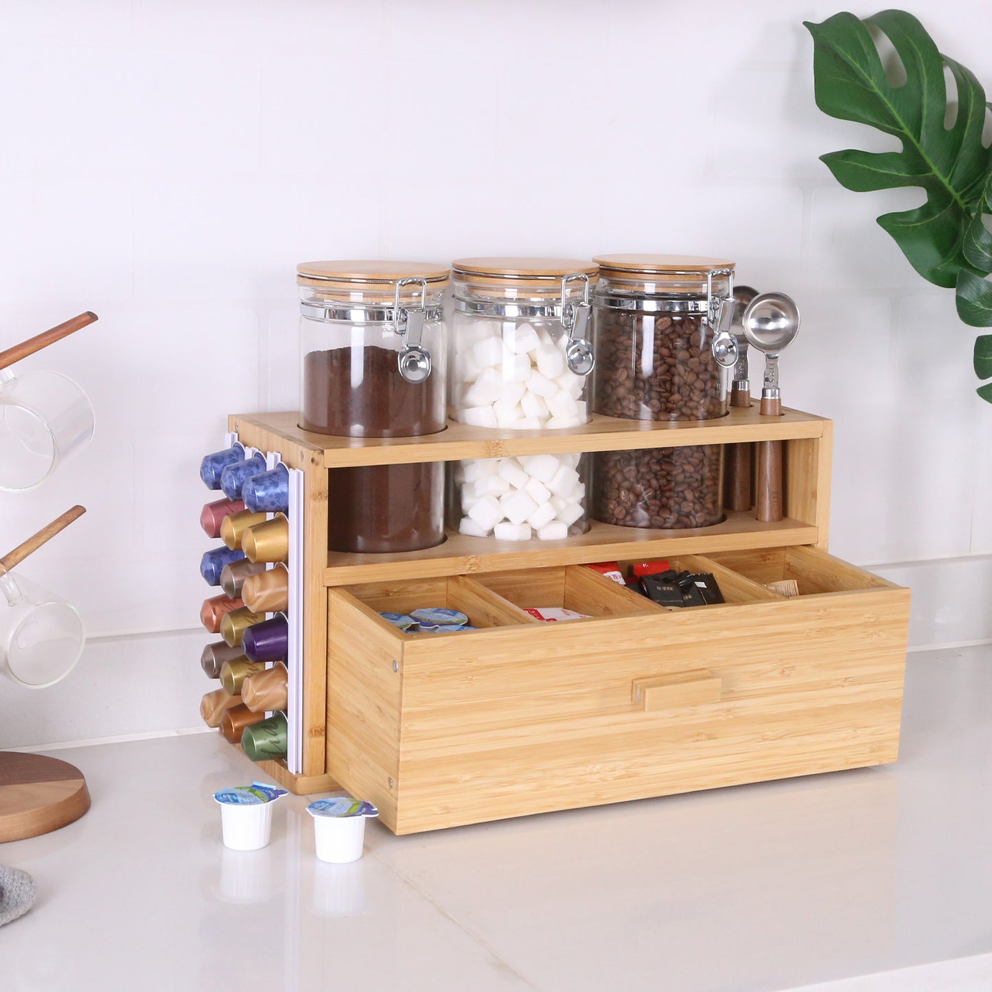 KKC Coffee Station Organizer, K Cup Coffee Pods Holder with Drawer, Countertop Coffee Bar Accessories Organizer, Coffee Pod Holder Storage Basket, for Coffee Capsule Pod, Sugar, Straw.