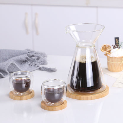 KKC HOME ACCENTS Glass Pour Over Coffee Maker with 2 Piece of Glass Espresso Latte cups and Bamboo Trays,12 Ounce ,Glass Drip Coffee Pot,