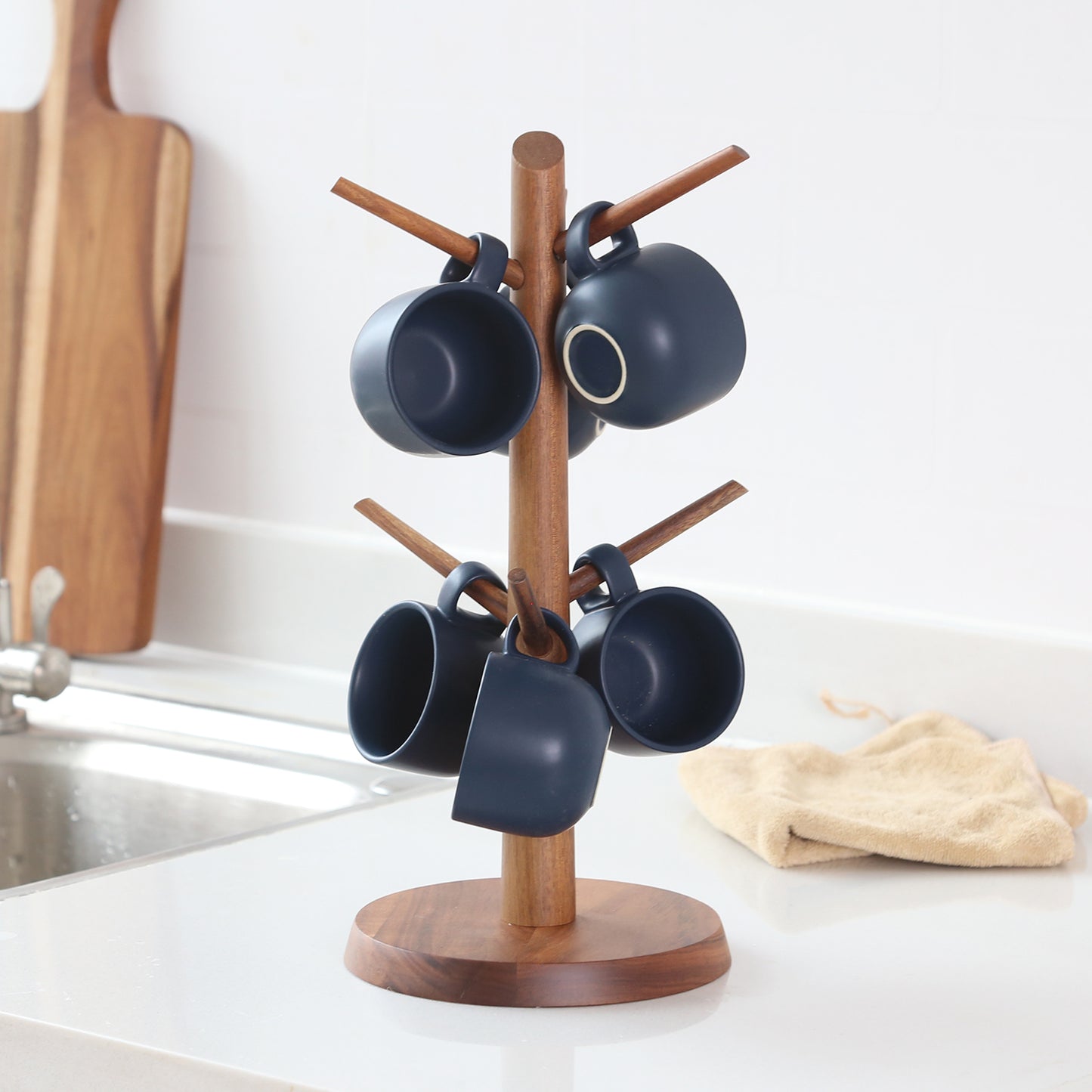 KKC Wooden Mug Holder Tree with 6 Black Ceramic Coffee Mugs,Coffee Cup Holder Tree with 6 Coffee Cups