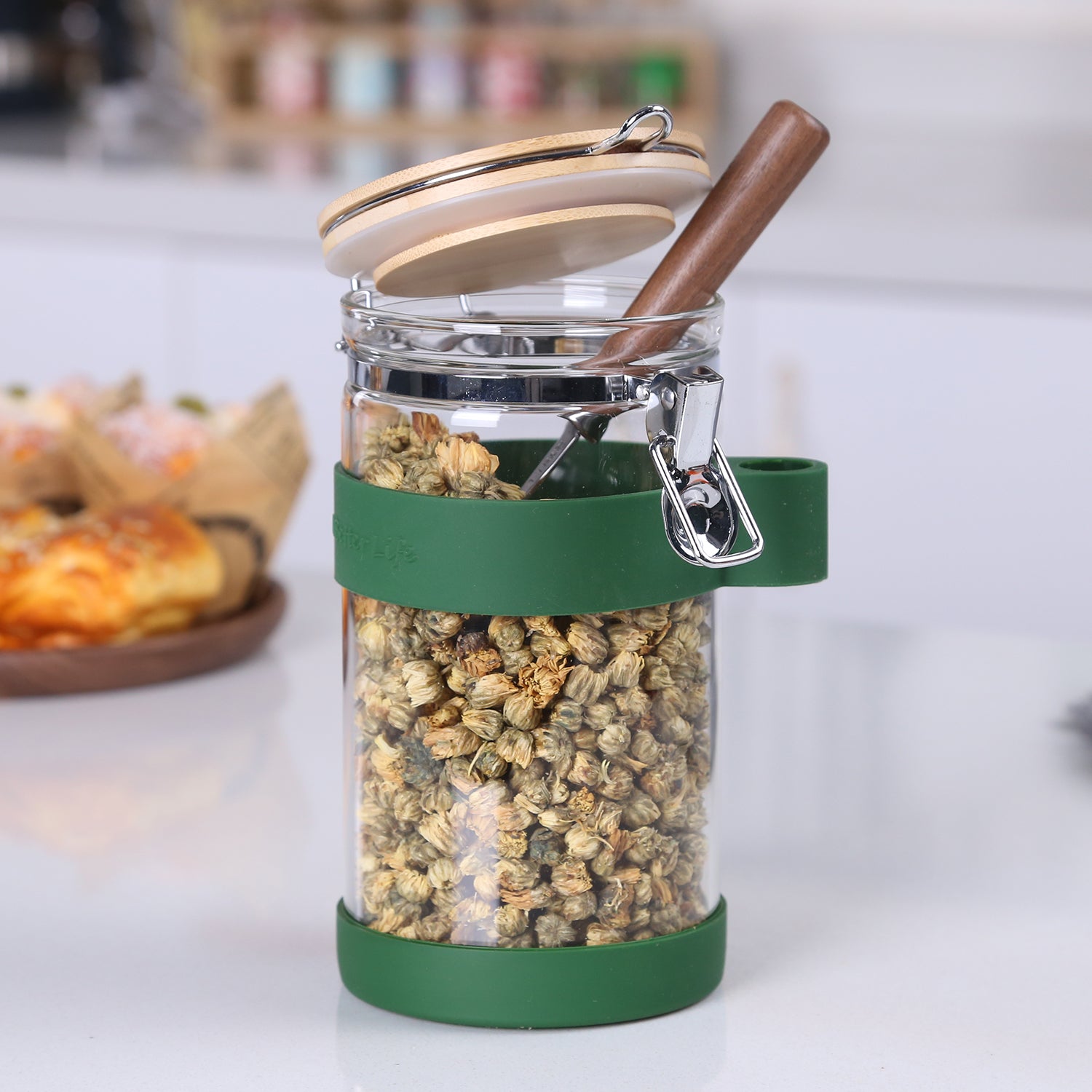 Glass Square Storage Jar with Bamboo Lids Spoons Glass Coffee Canister 40  Oz (1200 mL) Borosilicate Glass Food Container for Coffee Beans Nut Pasta