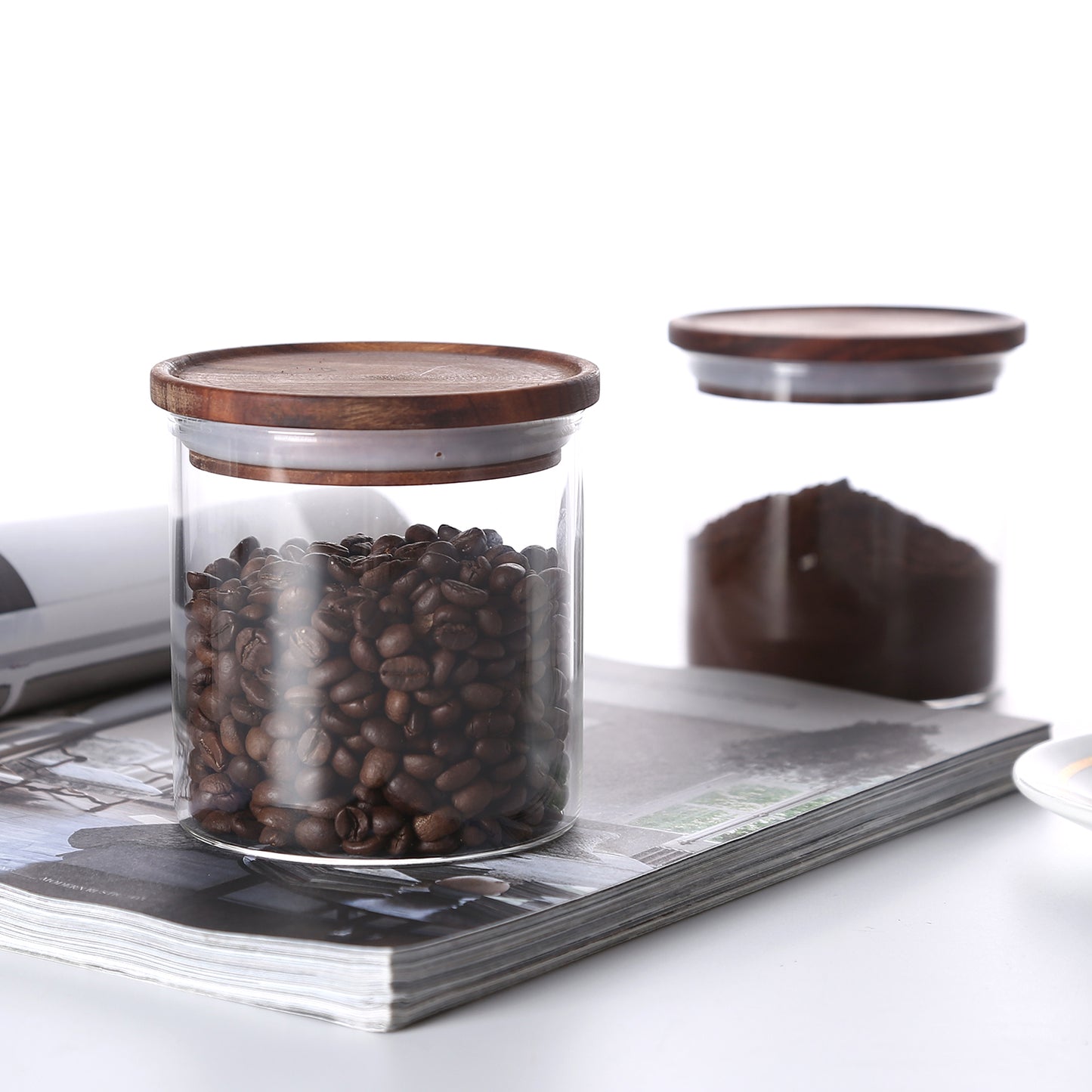 KKC Glass Storage Jars with Airtight Lids,Jar Canister with Wooden Lids,18 FLoz (550 ML x 2)