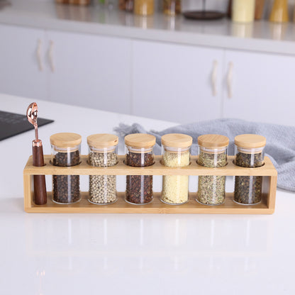 KKC 6 Piece- Eco-friendly Bamboo Lid Glass Spice Jar Set， Bamboo Shelf and one spoon For Spices, Seasoning, Herb Storage and Kitchen Organization.