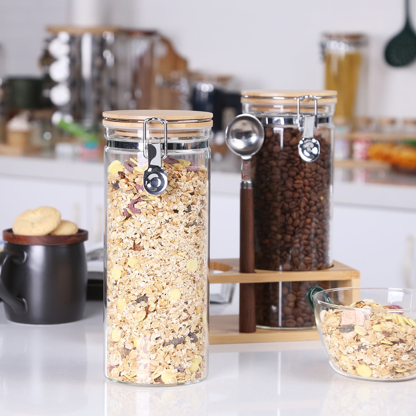 KKC Tall Glass Jar with Airtight Hinged Lid,Sealed Glass Containers with Scoop for Coffee Bean,Ground Coffee,Brown Sugar,Nuts,Oatmeal,Pasta,Cereal,Coffee Canister with Spoon for Coffee Bar,54 Fluid-oz