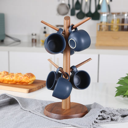 KKC Wooden Mug Holder Tree with 6 Black Ceramic Coffee Mugs,Coffee Cup Holder Tree with 6 Coffee Cups