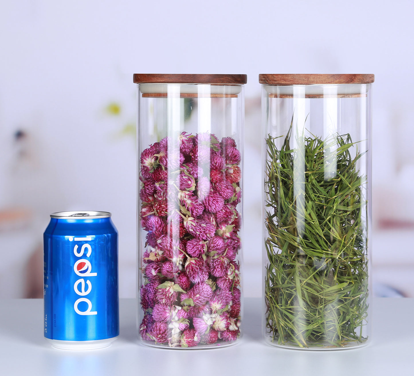 KKC Clear Glass Canister Jar Container Set for Food Storage with Airtight Wood Lid, 39Floz （Only for Canda adress）2 Piece Set