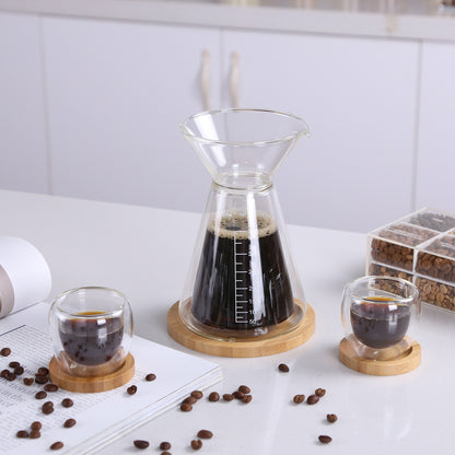 KKC HOME ACCENTS Glass Pour Over Coffee Maker with 2 Piece of Glass Espresso Latte cups and Bamboo Trays,12 Ounce ,Glass Drip Coffee Pot,