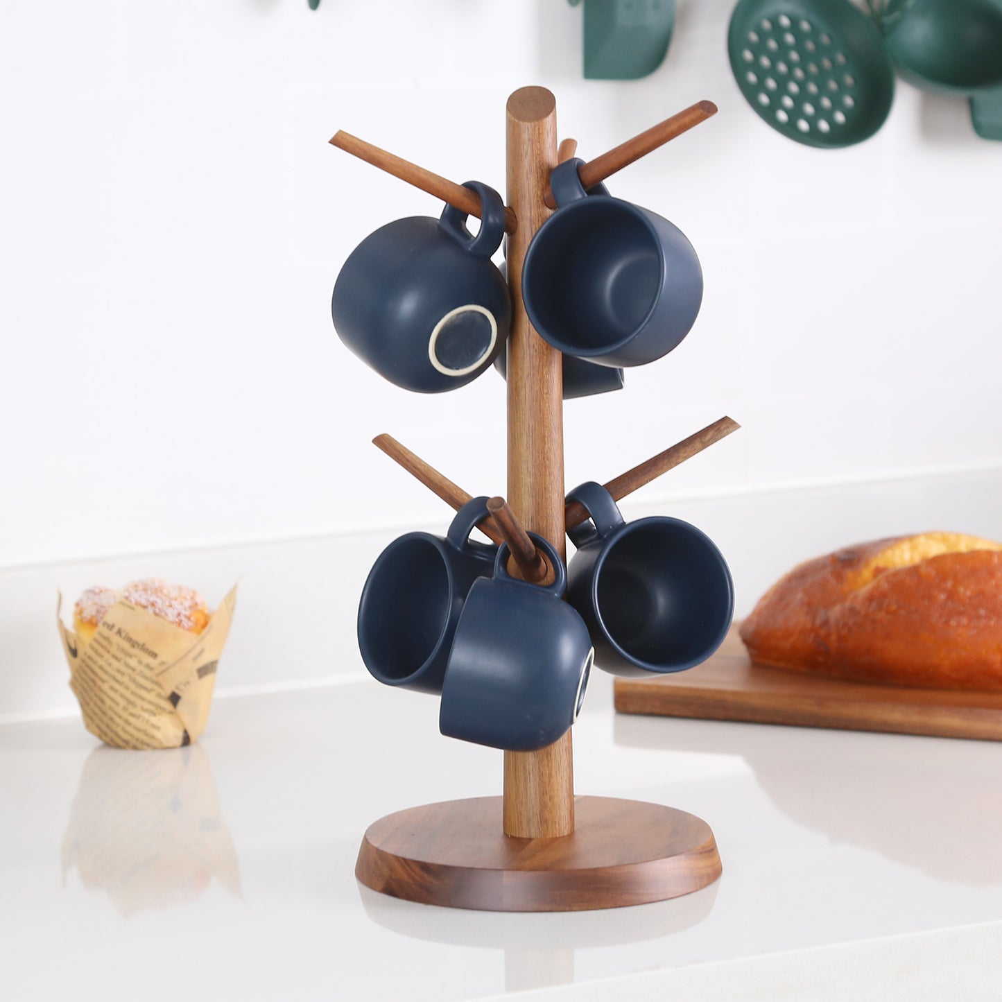 KKC Wooden Mug Holder Tree with 6 Black Ceramic Coffee Mugs,Coffee Cup Holder Tree with 6 Coffee Cups