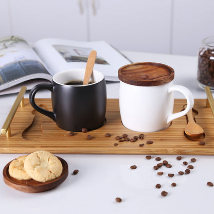 KKC HOME ACCENTS Ceramic Coffee Mug set of 2 with Wooden Spoons and Bamboo Tray ,Ceramic Coffee Cups set of 2 ,Black & White ,13 Ounce, Ceramic Cups with Tray for Coffee,Tea