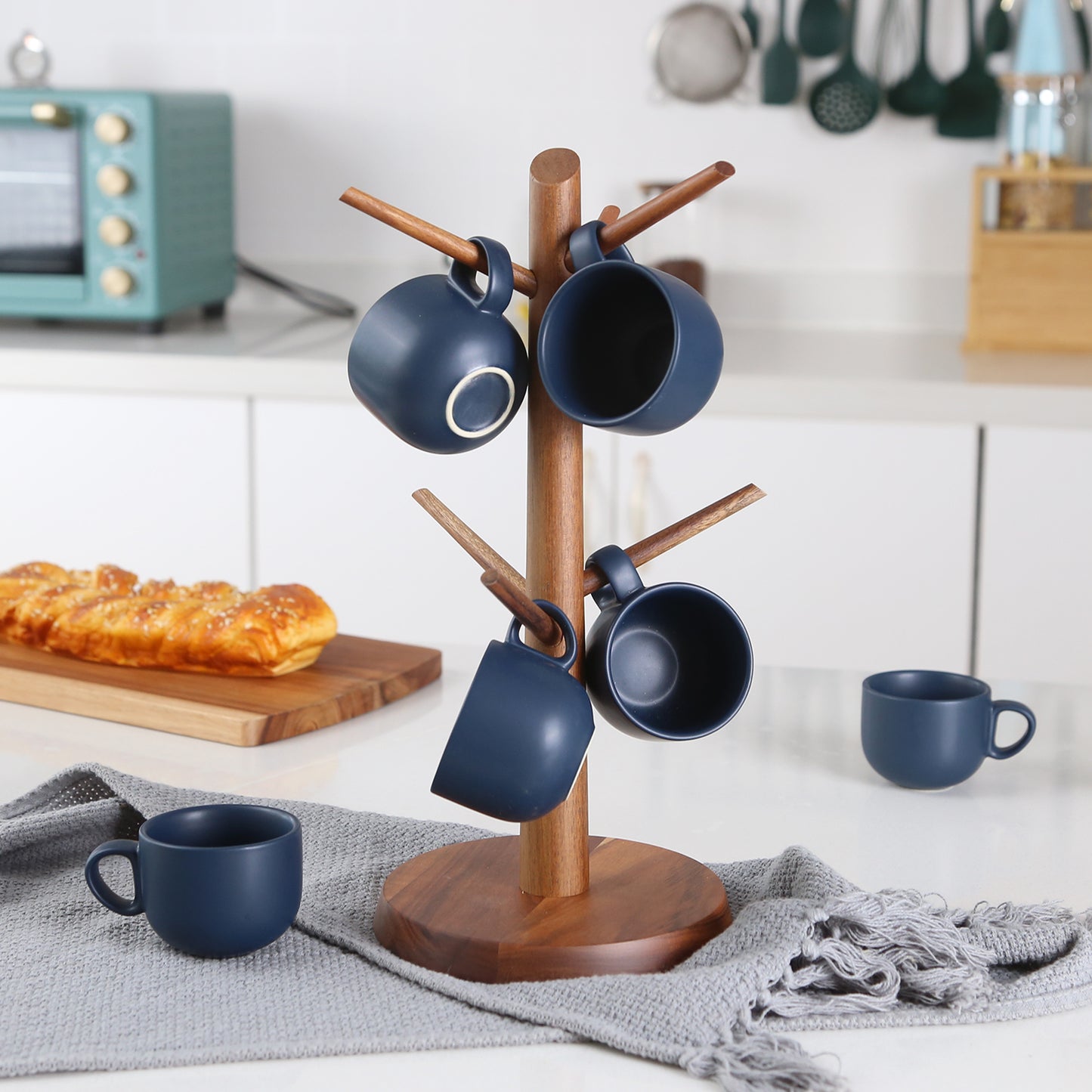 KKC Wooden Mug Holder Tree with 6 Black Ceramic Coffee Mugs,Coffee Cup Holder Tree with 6 Coffee Cups