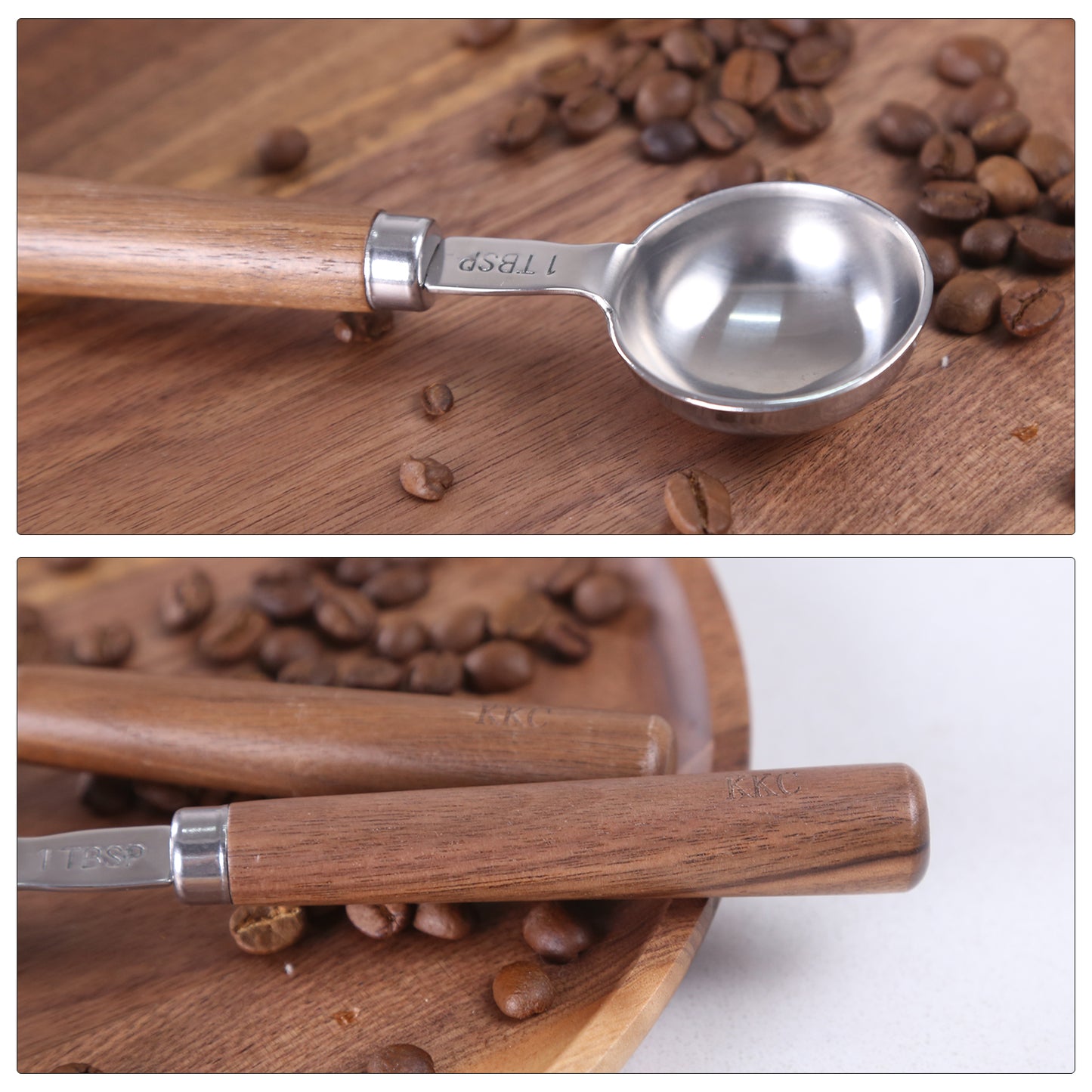 KKC, 2 Pcs Stainless Steel Coffee Spoons With Wood Handle 15ML Measuring Coffee Spoon For Coffee Beans Tea Suger, Silver (6.7")