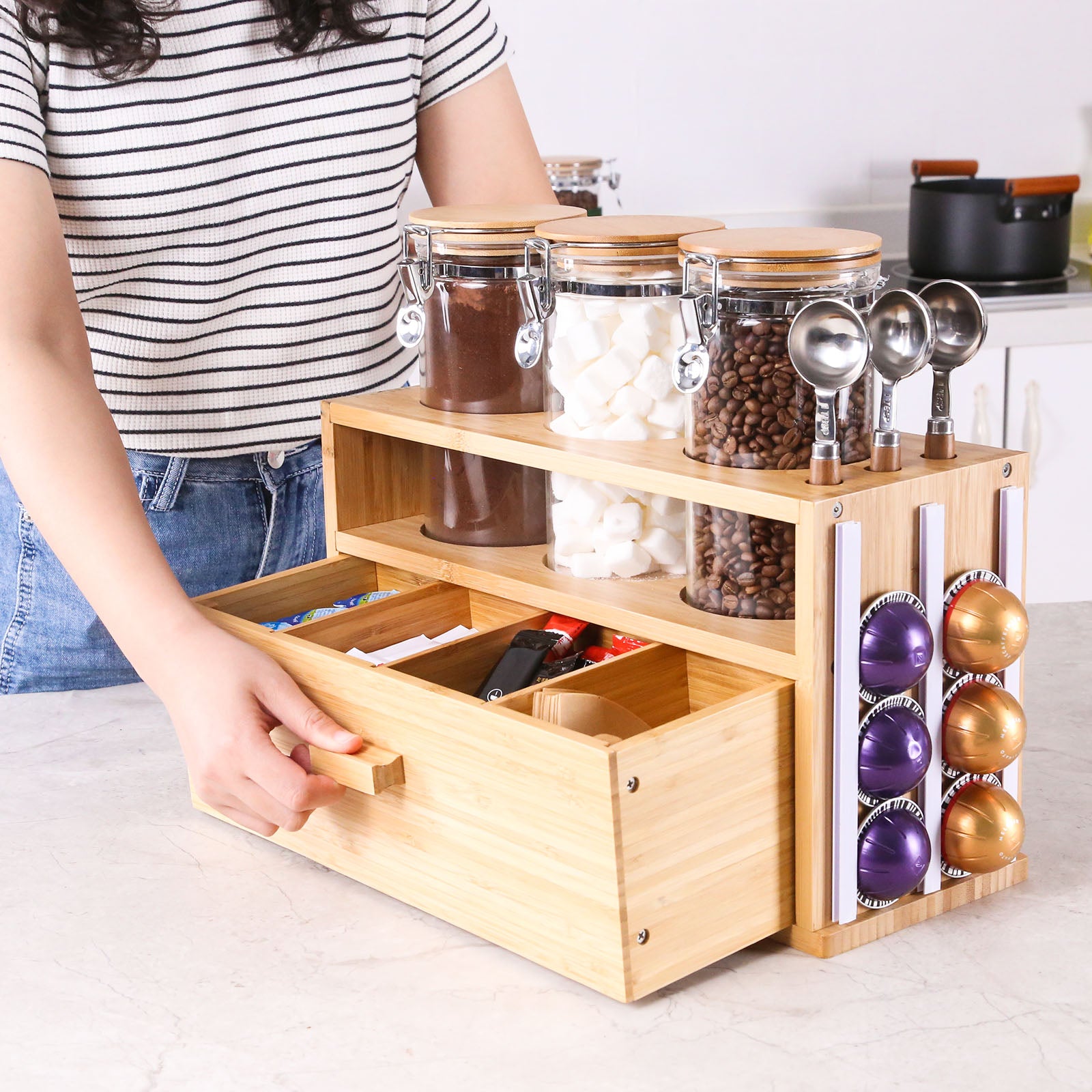 Wood Coffee Station Organizer Countertop Storage Box, Coffee Pod Holder K Cup Organizer Basket, Coffee Mug Holder Coffee Bar Organizer Box Coffee Bar