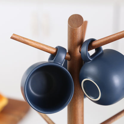 KKC Wooden Mug Holder Tree with 6 Black Ceramic Coffee Mugs,Coffee Cup Holder Tree with 6 Coffee Cups