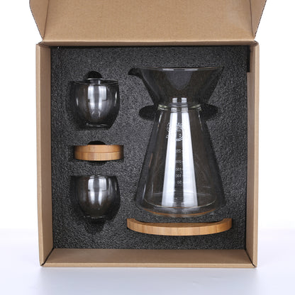 KKC HOME ACCENTS Glass Pour Over Coffee Maker with 2 Piece of Glass Espresso Latte cups and Bamboo Trays,12 Ounce ,Glass Drip Coffee Pot,