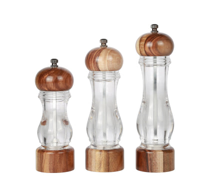 KKC HOME ACCENTS Wooden Salt and Pepper Shakers, Wooden Salt and Pepper Grinder Set Refillable,Acacia Wood and Acrylic, 8 inch, Adjustable Coarseness Fine to Coarse，2pcs